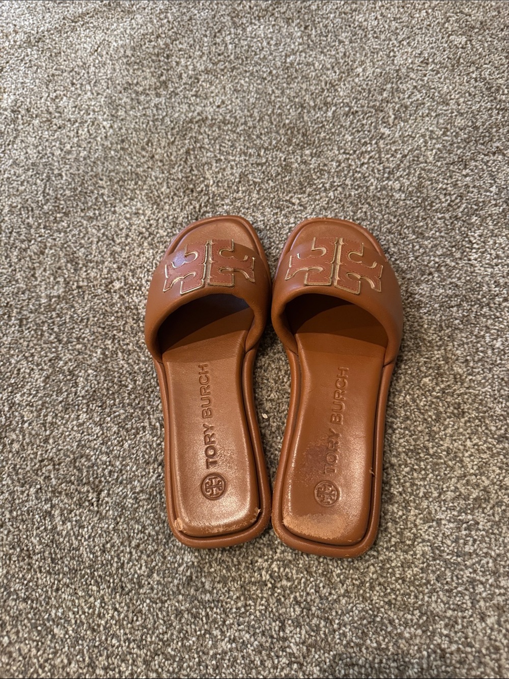 Tory Burch Cognac Leather Logo Slide Sandals - Picture 2 of 5